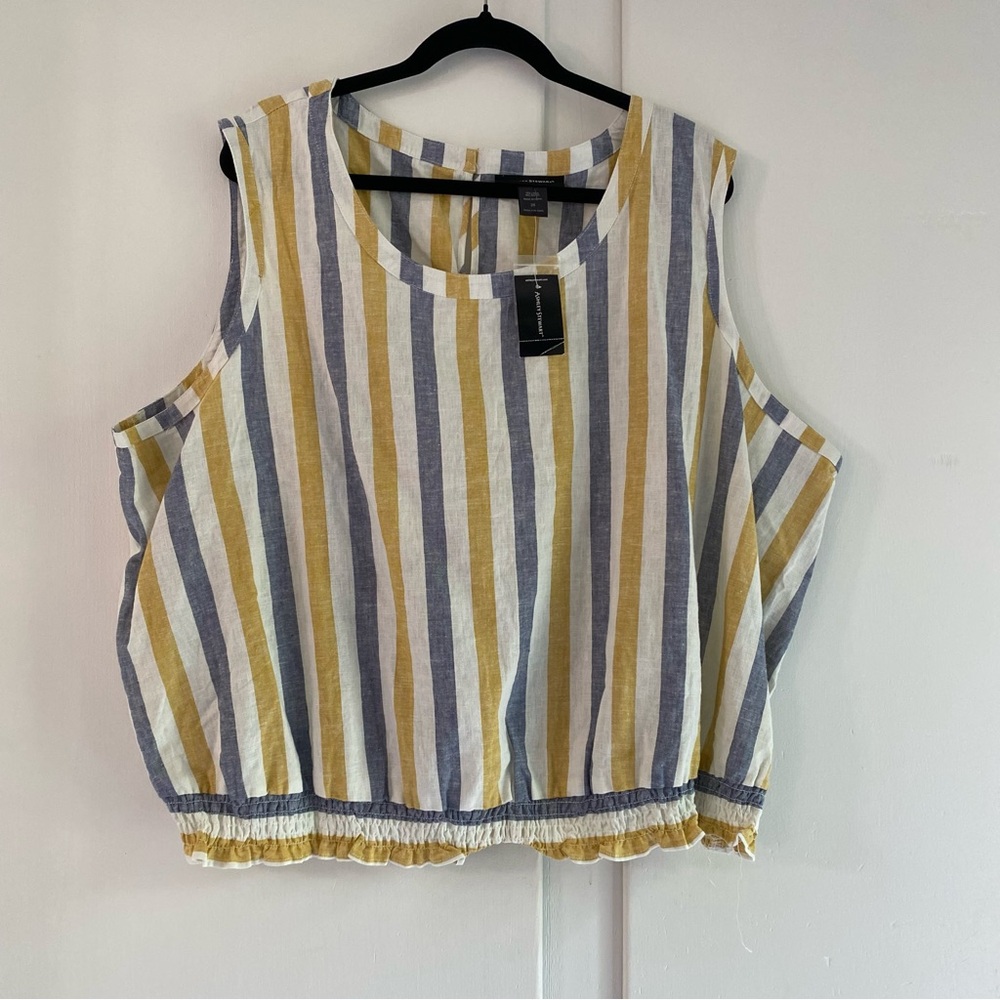 NWT Ashley Stewart Striped Sleeveless Linen & Rayon Top Yellow Blue & White S 26